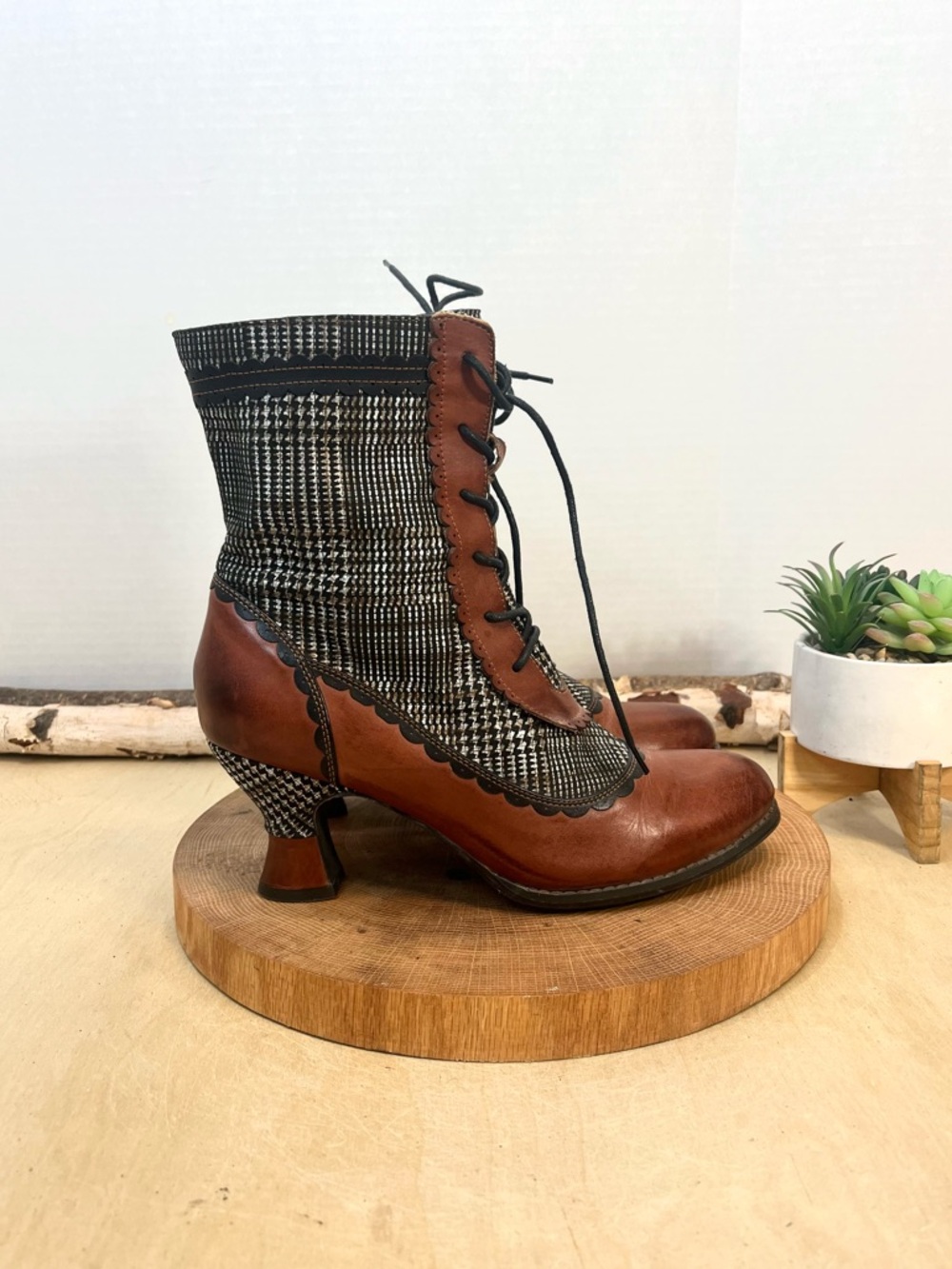 L'Artiste Bewitch-Plaid Leather Victorian Lace-Up Boots - Size 40 (US 9-9.5)
